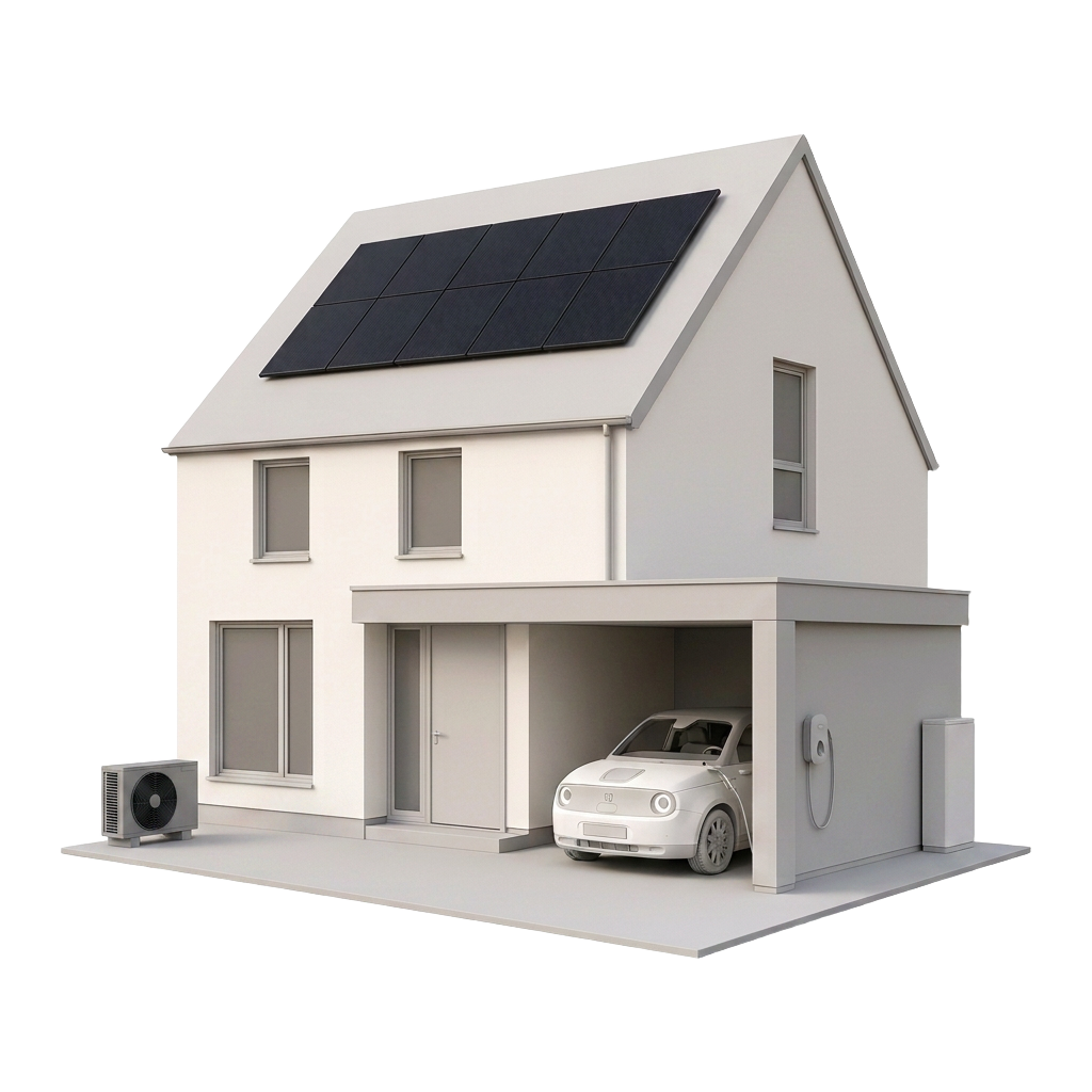 Wit digitaal woningmodel met zonnepanelen, thuisbatterij, laadpaal, warmtepomp en witte Honda e
