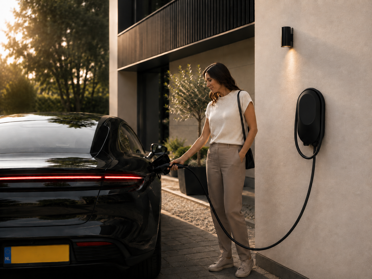 Elektrische auto wordt opgeladen bij een moderne woning