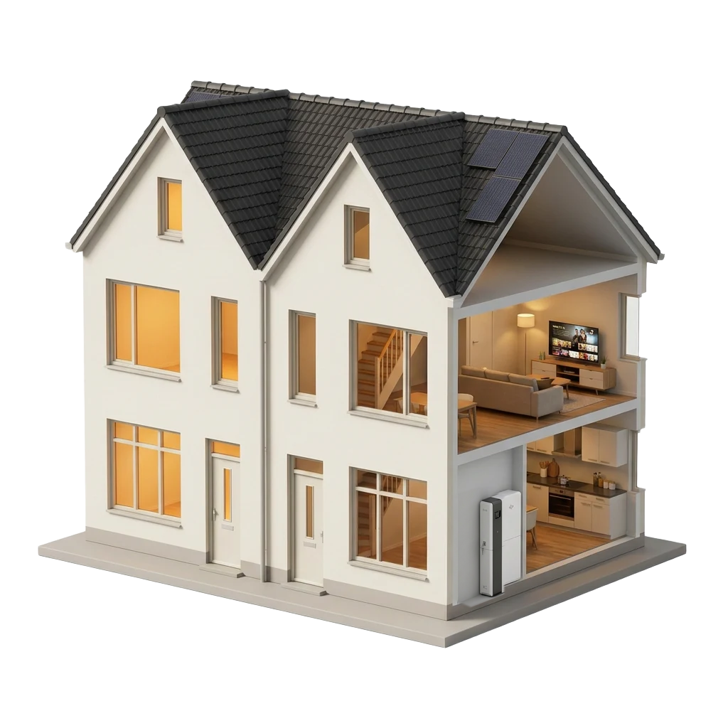 Twee aaneengesloten rijwoningen. Links een gesloten gevel zonder noodstroom; rechts een isometrisch opengewerkte hoekwoning met een thuisbatterij en Egrip backupbox.